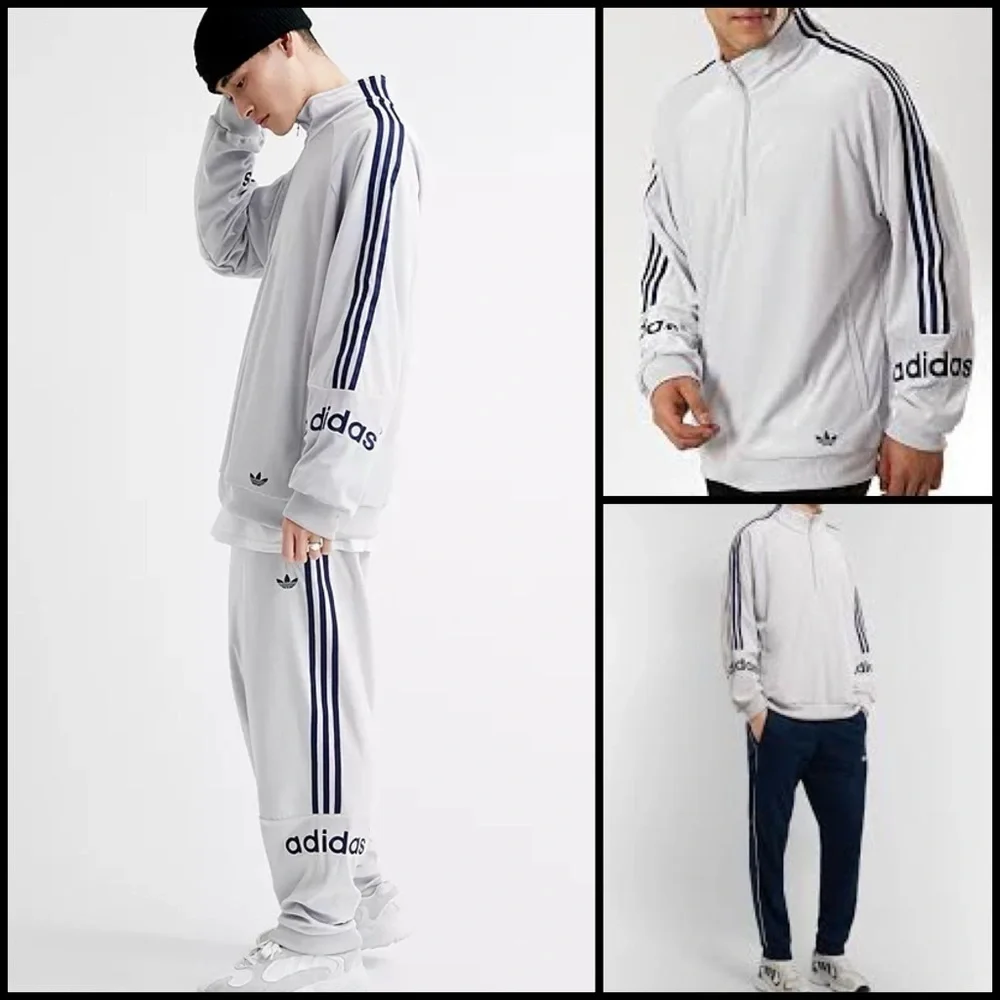 ADIDAS ORIGINALS 90’s ARCHIVE RETRO VELOUR LOGO HALF ZIP GRAY BLUE SWEATSHIRT XL